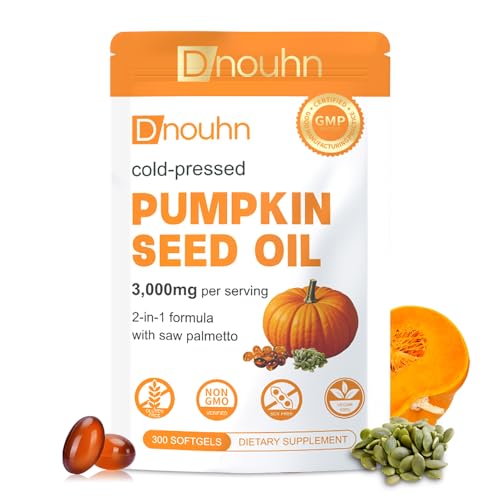 DNOUHN Pumpkin Seed Oil with Saw Palmetto Capsules, Essential Fatty Acids & Phytosterols, Pumpkin Seed Oil for Hair Growth, Urinary, Bladder & Prostate Health, Cold Pressed Pure Virgin, 300 Softgels