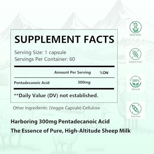 DNOUHN Pentadecanoic Acid, Pentadecanoic Acid Formula Supplement, Sourced from High-Altitude Sheep Milk, 60 Capsules