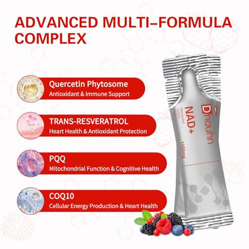 DNOUHN NAD Liquid Supplement 1500mg, Nicotinamide Riboside & Resveratrol with PQQ, NAD Supplement for Women & Men, Boosts Cellular Energy, Anti-Aging, Immune, Focus, 30 Packets
