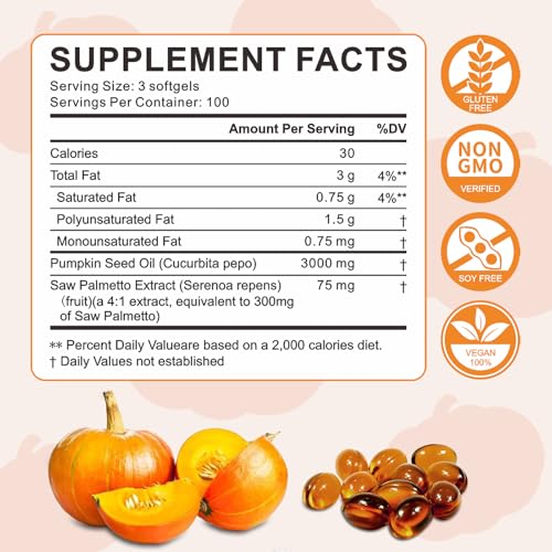 DNOUHN Pumpkin Seed Oil with Saw Palmetto Capsules, Essential Fatty Acids & Phytosterols, Pumpkin Seed Oil for Hair Growth, Urinary, Bladder & Prostate Health, Cold Pressed Pure Virgin, 300 Softgels