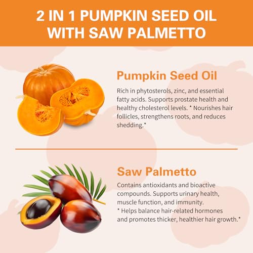 DNOUHN Pumpkin Seed Oil with Saw Palmetto Capsules, Essential Fatty Acids & Phytosterols, Pumpkin Seed Oil for Hair Growth, Urinary, Bladder & Prostate Health, Cold Pressed Pure Virgin, 300 Softgels