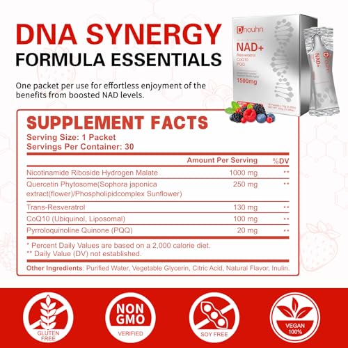 DNOUHN NAD Liquid Supplement 1500mg, Nicotinamide Riboside & Resveratrol with PQQ, NAD Supplement for Women & Men, Boosts Cellular Energy, Anti-Aging, Immune, Focus, 30 Packets