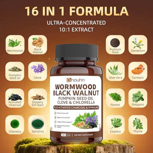 Wormwood Black Walnut Clove Parasite Cleanse for Humans Capsules – Natural Gut Detox & Digestive Health with Pumpkin Seeds Garlic Oregano Turmeric, Vegan 60 Counts