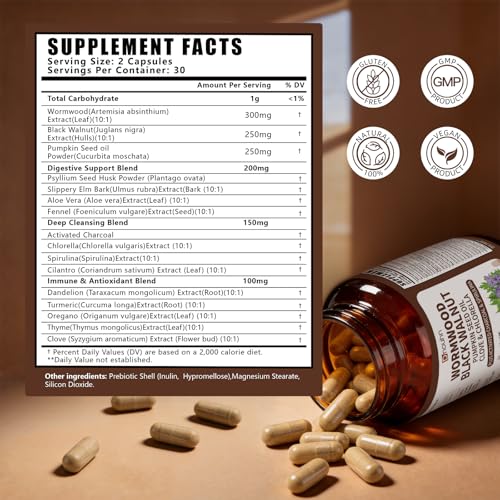 Wormwood Black Walnut Clove Parasite Cleanse for Humans Capsules – Natural Gut Detox & Digestive Health with Pumpkin Seeds Garlic Oregano Turmeric, Vegan 60 Counts