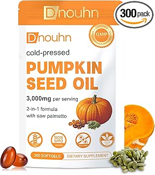DNOUHN Pumpkin Seed Oil with Saw Palmetto Capsules, Essential Fatty Acids & Phytosterols, Pumpkin Seed Oil for Hair Growth, Urinary, Bladder & Prostate Health, Cold Pressed Pure Virgin, 300 Softgels