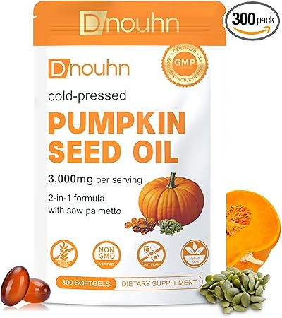 DNOUHN Pumpkin Seed Oil with Saw Palmetto Capsules, Essential Fatty Acids & Phytosterols, Pumpkin Seed Oil for Hair Growth, Urinary, Bladder & Prostate Health, Cold Pressed Pure Virgin, 300 Softgels